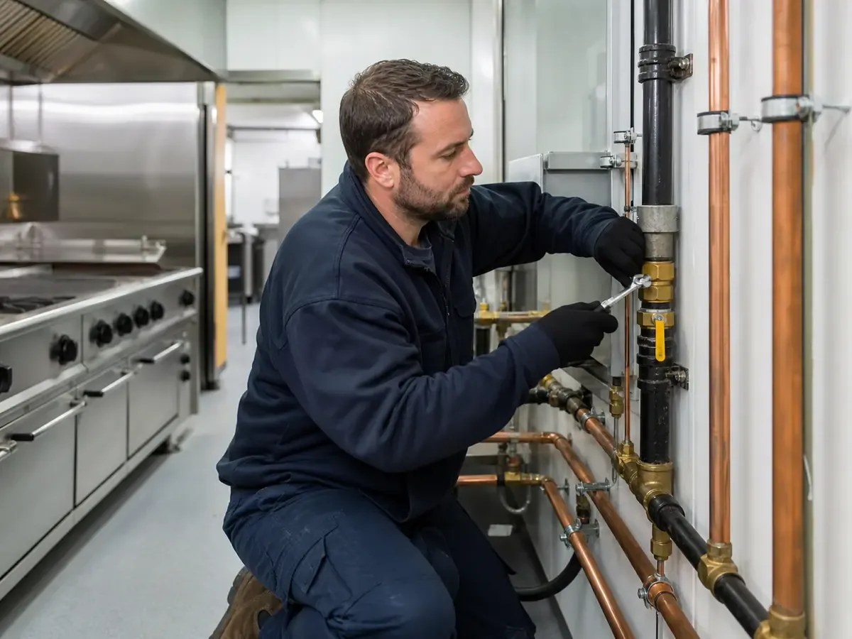 Technician servicing a commercial kitchen gas installation